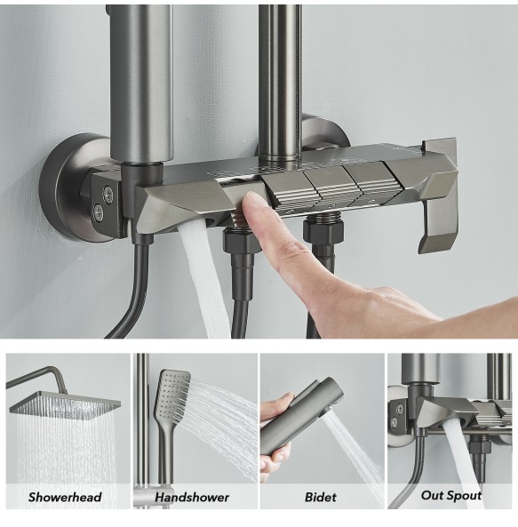 Gun Grey Piano Key Shower Set System Bathroom Hot Cold Control 4 Function Bidet Shower Wall Mounted  Aluminum Alloy Mixer