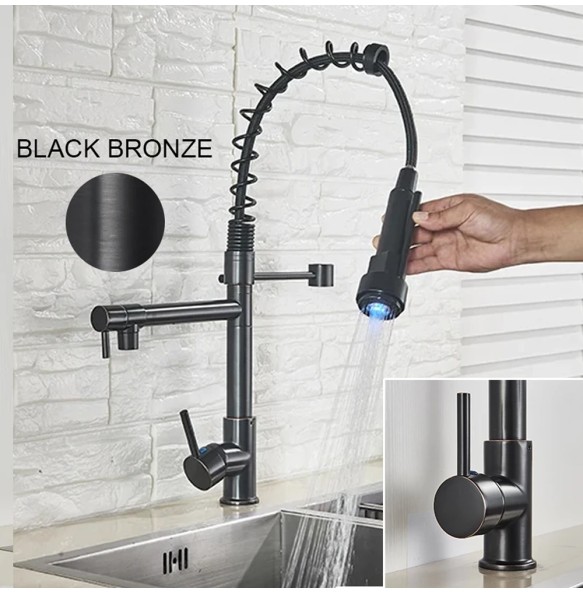 Kitchen Faucet Brushed LED Light Pull-down spring Kitchen Mixer with Hot Cold Water Single Handle Swivel Spout Handheld Head