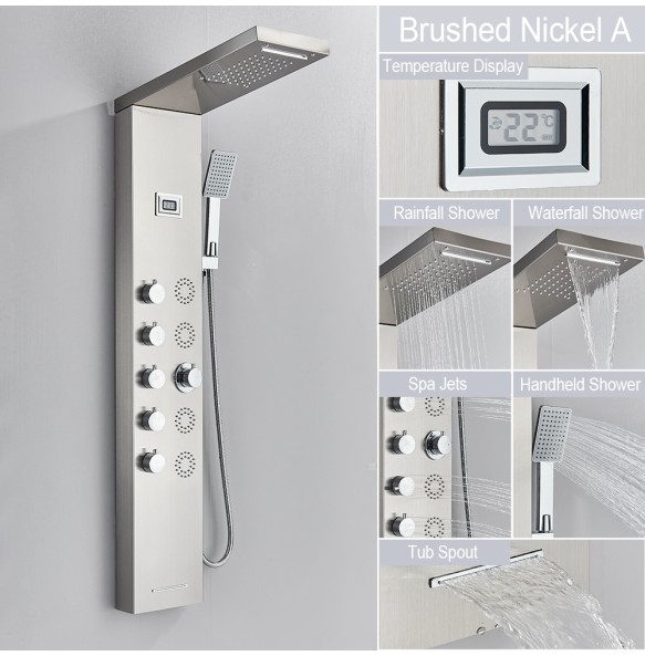 Shower Panel Waterfall Rain Shower Faucet Set SPA Massage Jet Bath Shower Column Temperature Display Mixer Tap Tower