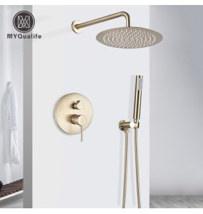 Brushed Gold Shower Faucet Set Round Brass Bathroom Wall Mount Rotate Tub Spout  Rainfall Head 3 Ways Mixer Tap