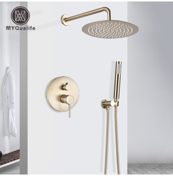 Brushed Gold Shower Faucet Set Round Brass Bathroom Wall Mount Rotate Tub Spout  Rainfall Head 3 Ways Mixer Tap