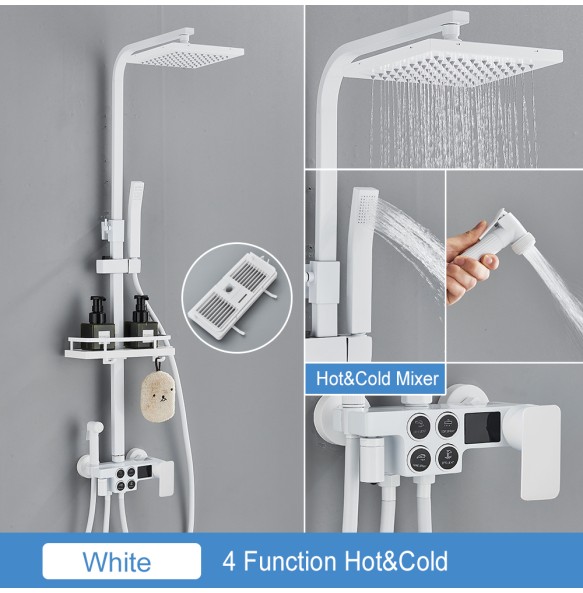 Black Thermostatic LCD Shower Faucet Set Temperature Display Rainfall Bathtub Tap With Bathroom Shelf Electricity By Water