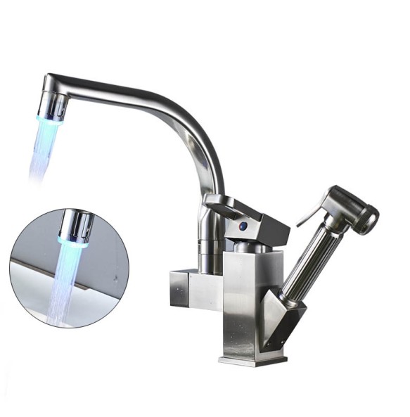 LED Light Kitchen Faucet Mixer Tap Single Handle Two Swivel Spouts Kitchen Hot Cold Water Tap Pull Out Flushing Spray Tap