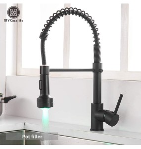 Matte Black LED Kitchen Sink Faucet Spring Hot and Cold Water Tap Pull Down 2 Models Gold Kitchen Crane