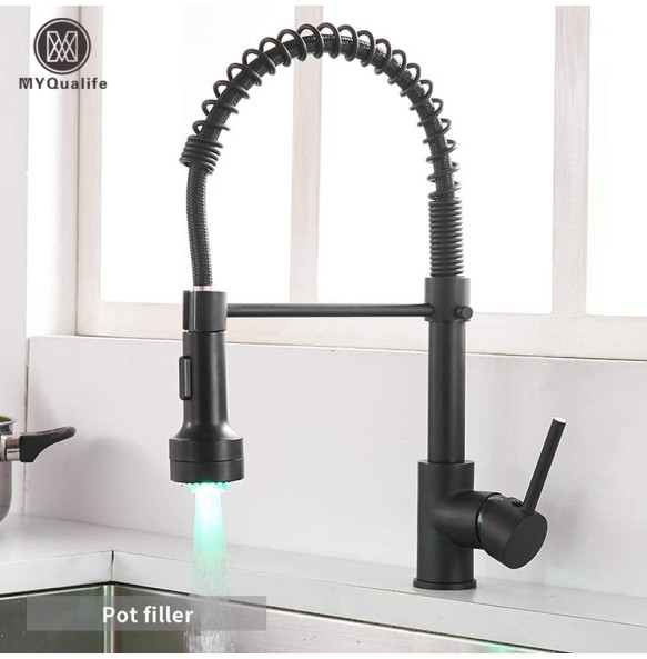 Matte Black LED Kitchen Sink Faucet Spring Hot and Cold Water Tap Pull Down 2 Models Gold Kitchen Crane