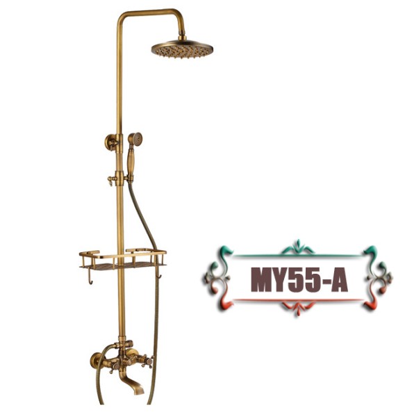 Antique Brass Wall Mounted Bathtub Shower Set Faucet Dual Handle with Commodity Shelf Long Spout Bathroom Shower Mixers Rainfall