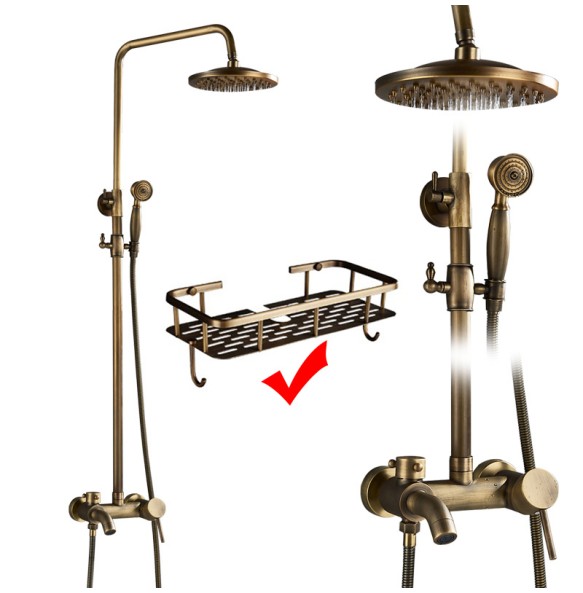 Antique Brass Shower Faucet Mixers Dual Handle Rainfall 8