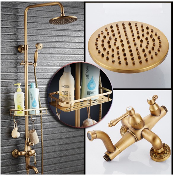 Antique Brass Shower Mixer Faucet Set One Handle with Storage Holder Shower Faucet Taps Swivel Tub Spout 8