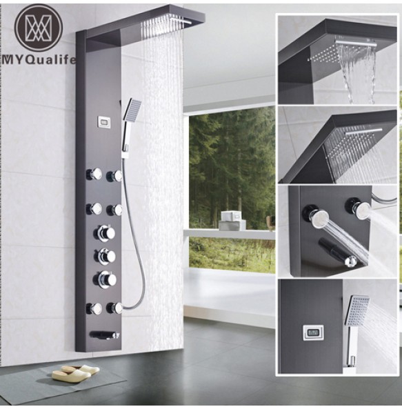 Waterfall 6pc Massage Jets Rain Shower Column Thermostatic Mixer Shower Faucet Tower W/Hand Shower Tub Spout Black Shower Panel