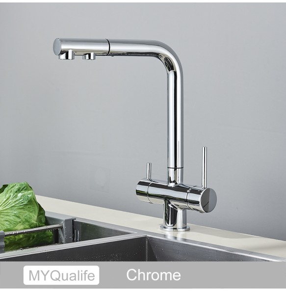 Chrome Brass Pull Out Filtered Kitchen Faucet Dual Handle Hot Cold Drinking Water 3-Way Filter Purification Mixer Taps