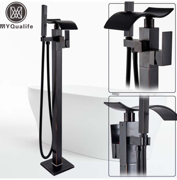 Black Bronze Free Standing Bathtub Mixer Faucet Single Handle Brass Waterfall Tub Mixers Floor Mounted Claw Foot Bath Shower Set