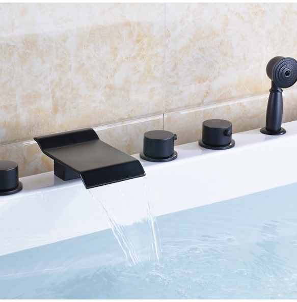 Modern Black Deck Mounted Waterfall 5pc Bathtub Faucet Set with Handshower Widespread Brass Spout 3 Knob Tub Mixer