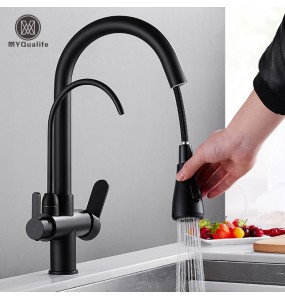 Matte Black Pure Water Kitchen Faucet Dual Handle Hot and Cold Drinking Water Pull Out  Kitchen Mixer Taps