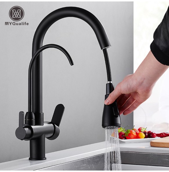 Matte Black Pure Water Kitchen Faucet Dual Handle Hot and Cold Drinking Water Pull Out  Kitchen Mixer Taps