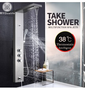 Brushed Nickel Thermostatic Shower Faucet Waterfall Rain Shower Panel 3 Handles Bathroom Shower Mixer Column with Handshower