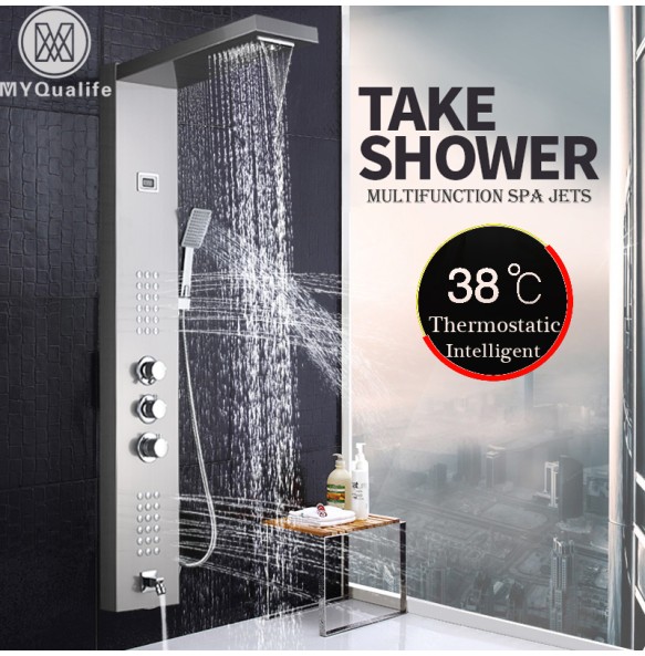 Brushed Nickel Thermostatic Shower Faucet Waterfall Rain Shower Panel 3 Handles Bathroom Shower Mixer Column with Handshower