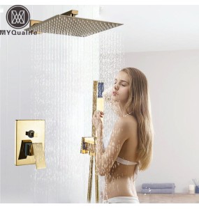 Luxury Golden Shower Faucet Set Single Handle Rainfall Shower Head Brass Bath Shower Mixers In Wall Bathroom Hot Cold Tap