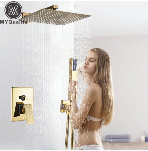 Luxury Golden Shower Faucet Set Single Handle Rainfall Shower Head Brass Bath Shower Mixers In Wall Bathroom Hot Cold Tap