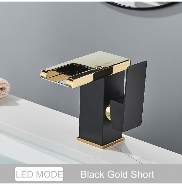 2024 New Black LED Waterfall Basin Bathroom Faucet Deck Mounted Hot Cold Water Mixer Taps Three Color Change By Water Flow