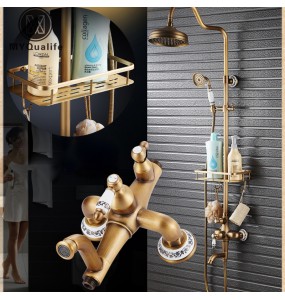 Antique Brass Shower Mixer Faucet Set One Handle with Storage Holder Shower Faucet Taps Swivel Tub Spout 8