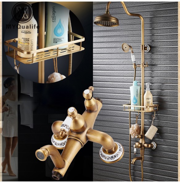 Antique Brass Shower Mixer Faucet Set One Handle with Storage Holder Shower Faucet Taps Swivel Tub Spout 8