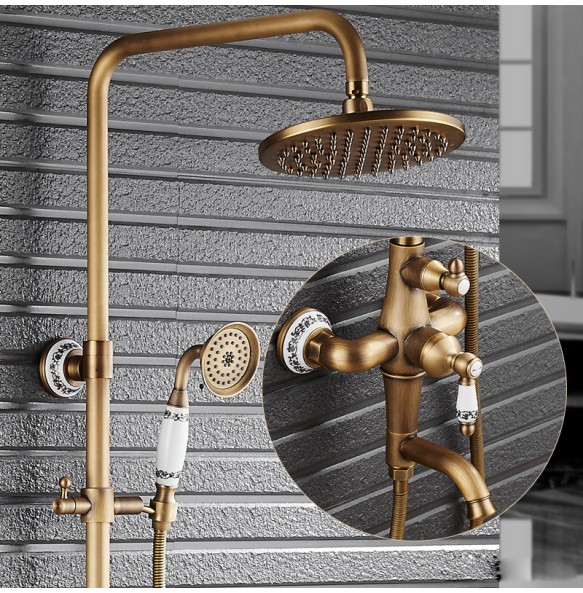 Antique Brass Shower Mixer Faucet Set One Handle with Storage Holder Shower Faucet Taps Swivel Tub Spout 8