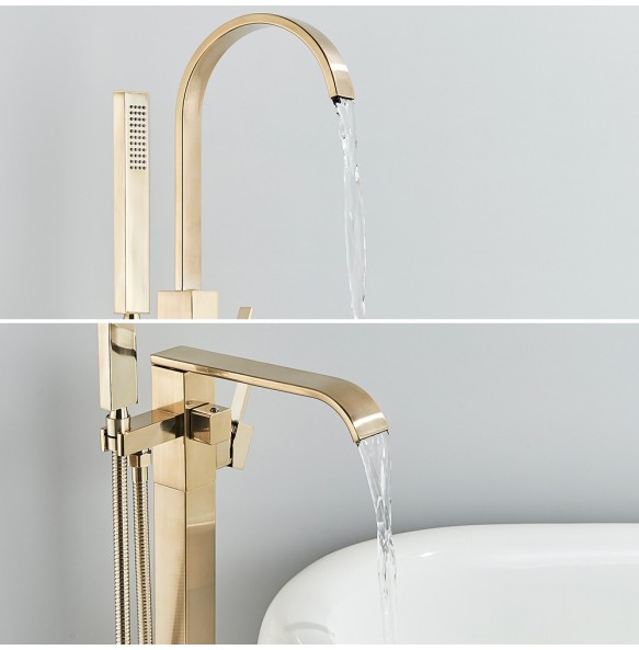 Luxury Brushed Gold Bathtub Faucet Free Standing Bathroom Tub Faucet  6 Types Spout Floor Mounted Bath Shower Mixer Tap