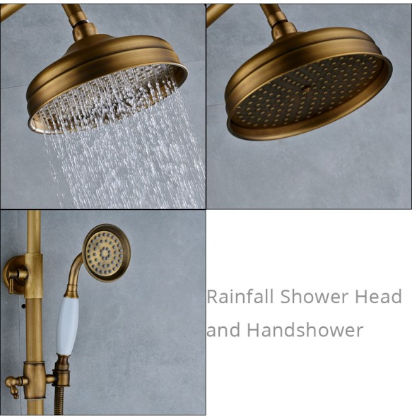 Brass Antique Rainfall Shower Set Faucet Single Handle Outdoor Shower Mixer Tap Brass Rainfall Shower Mixer with Handshower