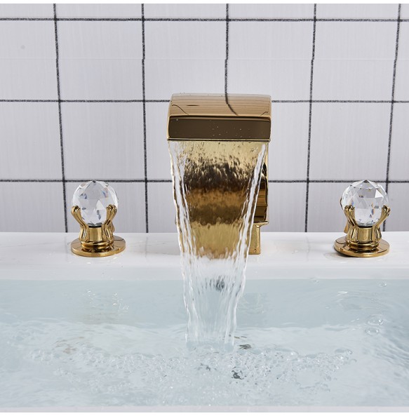 2024 New Luxurious Gold Bathroom Basin Faucet Brass Deck Mounted Double handle Cold and Hot Waterfall Basin faucet