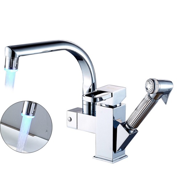 LED Light Kitchen Faucet Mixer Tap Single Handle Two Swivel Spouts Kitchen Hot Cold Water Tap Pull Out Flushing Spray Tap