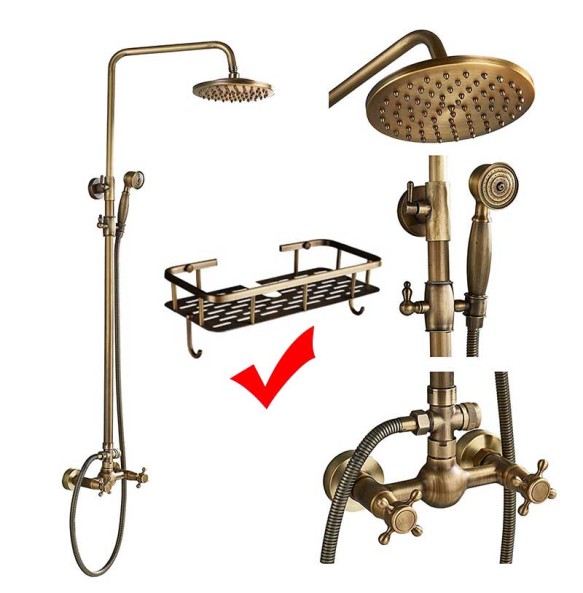 Antique Brass Shower Faucet Mixers Dual Handle Rainfall 8