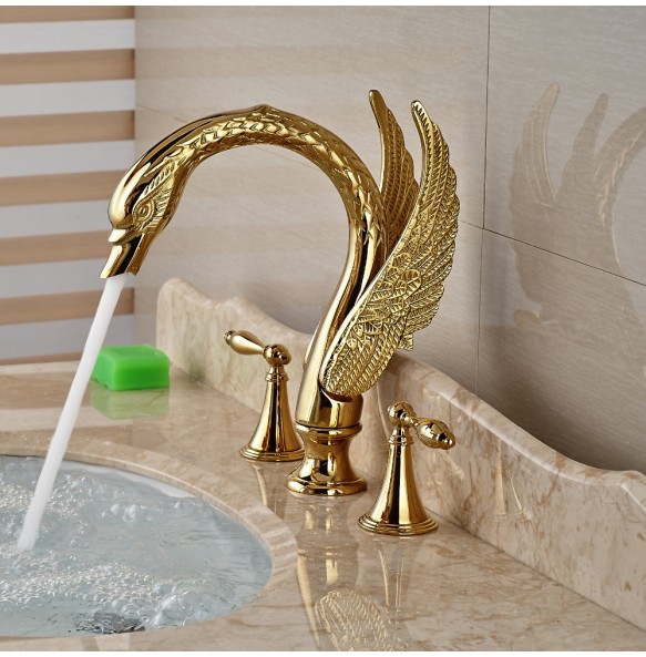 Swan Shape Dual Handle Golden Washing Basin Faucet Widespread Deck Mounted Bathroom Basin Mixer Tap with Hot and Cold Water