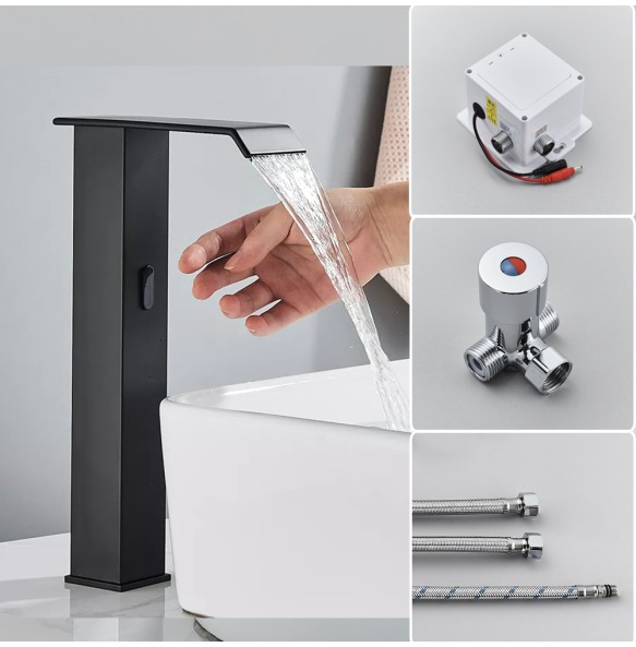 2024 New Black Sensor Basin Faucet Bathroom Automatic Sensor Watefall Faucet Touchless Free Touch Sink Tap Hot Cold Water Mixer Crane