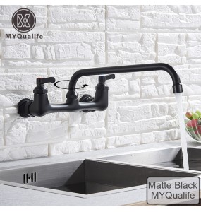 Wall Mounted  Long Spout Kitchen Faucet Dual Handle Brass Antique Hot and Cold Water Tap 360 Swivel Long Spout Kitchen Mixer Tap