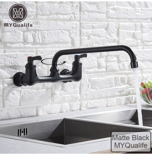 Wall Mounted  Long Spout Kitchen Faucet Dual Handle Brass Antique Hot and Cold Water Tap 360 Swivel Long Spout Kitchen Mixer Tap