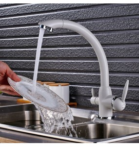 Deck Mounted White 3 way Purification Kitchen Faucet Dual Water Outlet Filter Mixer Tap for Kitchen Dual Handle