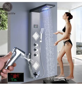 Rain Waterfall LED Shower Panel Black Shower Column Tower Digital Screen TEMP 3 Handle Mixer Tap Spray Bidet Shower Mixer Faucet