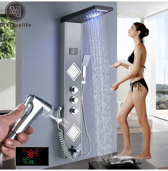 Rain Waterfall LED Shower Panel Black Shower Column Tower Digital Screen TEMP 3 Handle Mixer Tap Spray Bidet Shower Mixer Faucet