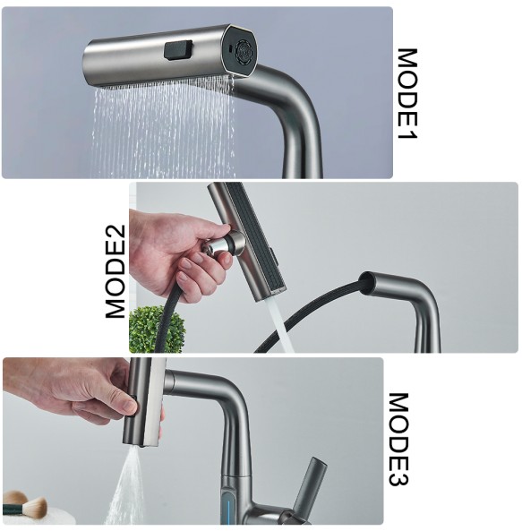 2024 NewWaterfall Temperature Digital Display Basin Faucet Lift Up Down Stream Sprayer Hot Cold Water Sink Mixer Wash Tap For Bathroom