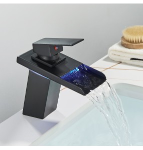 2024 New Black LED Waterfall Basin Bathroom Faucet Deck Mounted Hot Cold Water Mixer Taps Three Color Changing By Battery