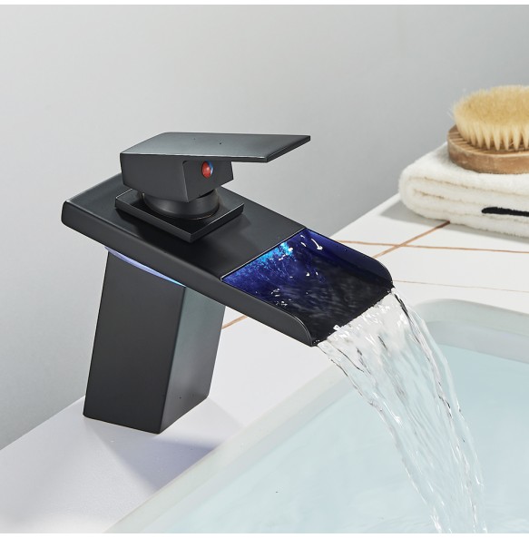 2024 New Black LED Waterfall Basin Bathroom Faucet Deck Mounted Hot Cold Water Mixer Taps Three Color Changing By Battery