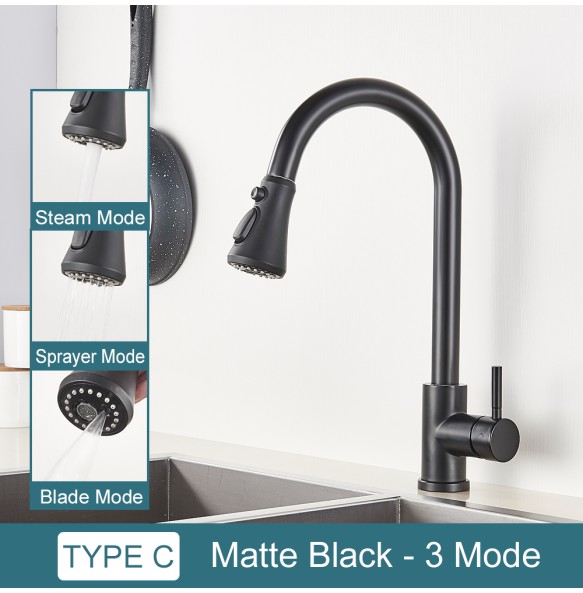 Black Kitchen Faucet Two Function Single Handle Pull Out Mixer  Hot and Cold Water Taps Deck Mounted