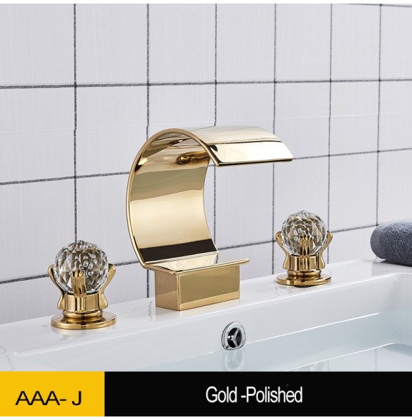 2024 New Luxurious Gold Bathroom Basin Faucet Brass Deck Mounted Double handle Cold and Hot Waterfall Basin faucet