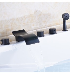 Modern Black Deck Mounted Waterfall 5pc Bathtub Faucet Set with Handshower Widespread Brass Spout 3 Knob Tub Mixer