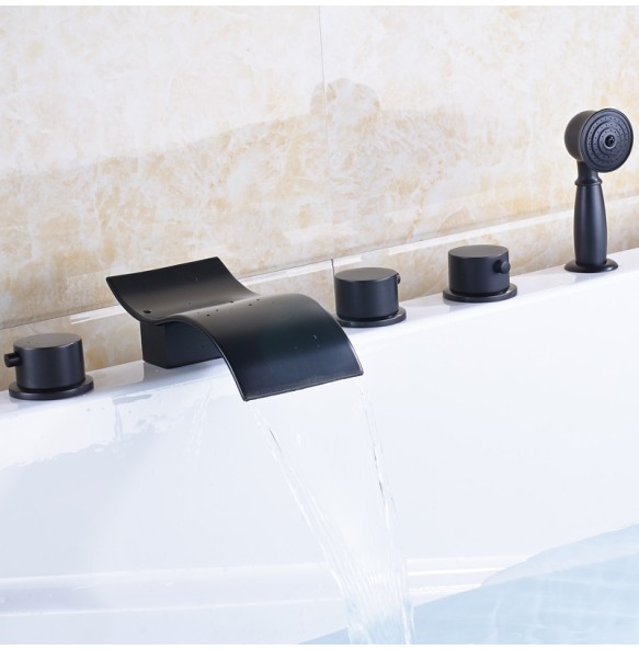 Modern Black Deck Mounted Waterfall 5pc Bathtub Faucet Set with Handshower Widespread Brass Spout 3 Knob Tub Mixer