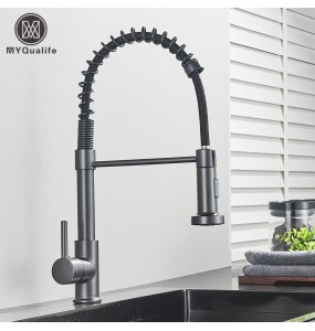 Silver Gray Kitchen Sink Faucet One Handle Spring Hot and Cold Water Tap Deck Mounted Bathroom Matte Black Kitchen Crane