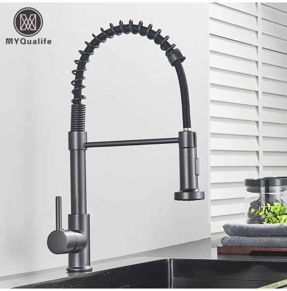 Silver Gray Kitchen Sink Faucet One Handle Spring Hot and Cold Water Tap Deck Mounted Bathroom Matte Black Kitchen Crane