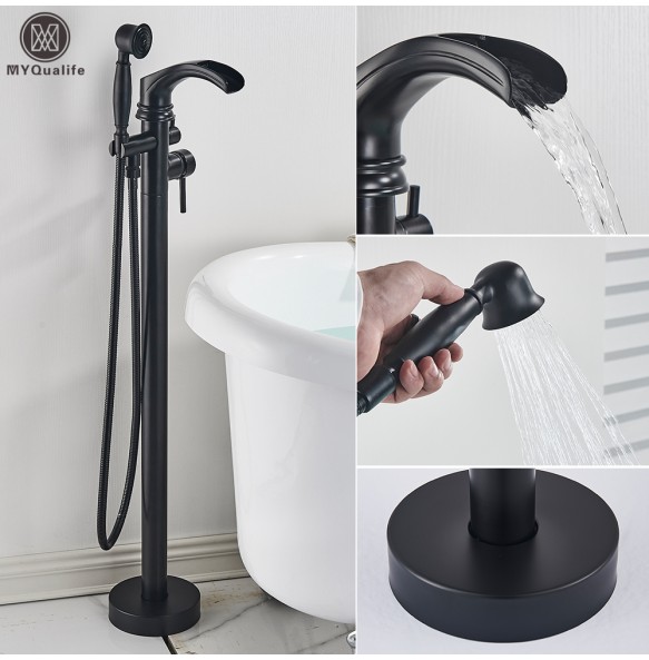 MYQualife Matte Black Floorstanding Bathtub Faucet Set Dual Handle Floor Mounted Bath Tub Mixers Swive Spout Tub Faucet