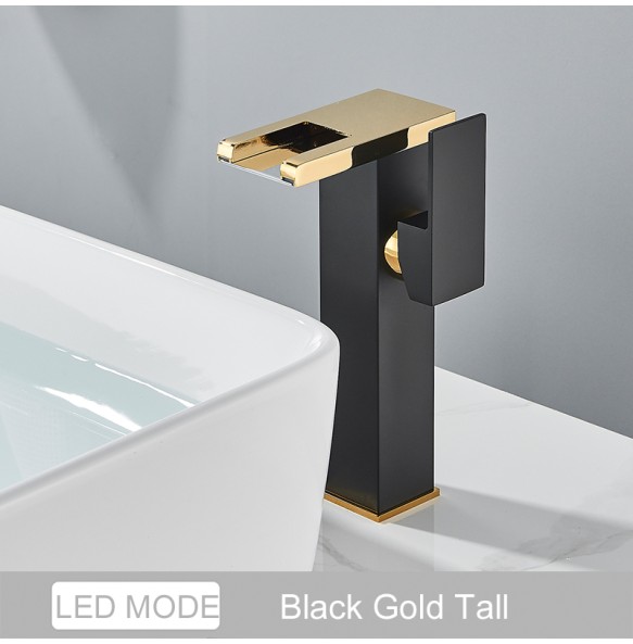 2024 New Black LED Waterfall Basin Bathroom Faucet Deck Mounted Hot Cold Water Mixer Taps Three Color Change By Water Flow