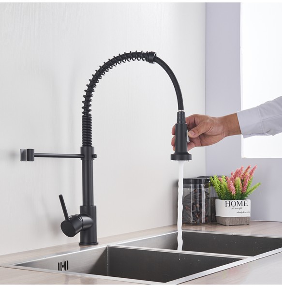 Matte Black Kitchen Sink Faucet One Handle Spring Hot and Cold Water Tap Deck Mounted Bathroom Kitchen Crane